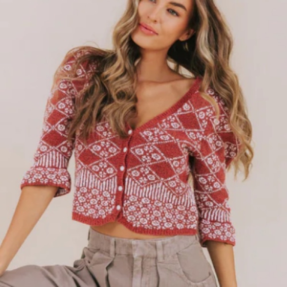 Free People Crimson and Ivory Knit Cardigan